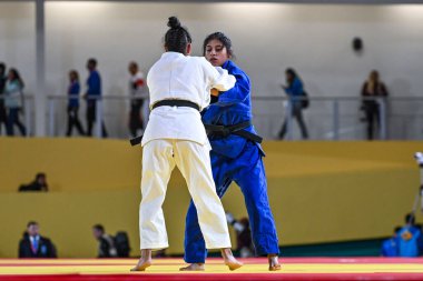 Santiago, Şili, 28 Ekim 2023, Kristine Jimenez (PAN) - Judo sırasında Astrid Gavidia (ECU) - Kadınlar - 57kg Pan Amerikan Oyunları 'nda