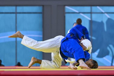 Santiago, Şili, 28 Ekim 2023, Juan Pablo Hernandez (COL) Judo sırasında Willian Lima 'ya karşı - 2023 Pan Amerikan Oyunları' nda erkekler -66 kilo