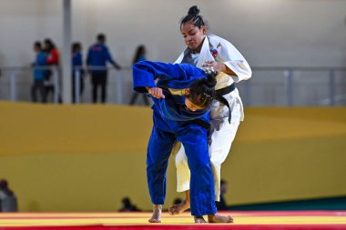 Santiago, Şili, 28 Ekim 2023, Kristine Jimenez (PAN) - Judo sırasında Astrid Gavidia (ECU) - Kadınlar - 57kg Pan Amerikan Oyunları 'nda