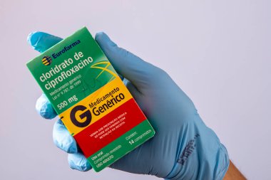 Rio, Brazil - January 27, 2023, hand with protective rubber glove holding medicine box, cipofloxacin hydrochloride
