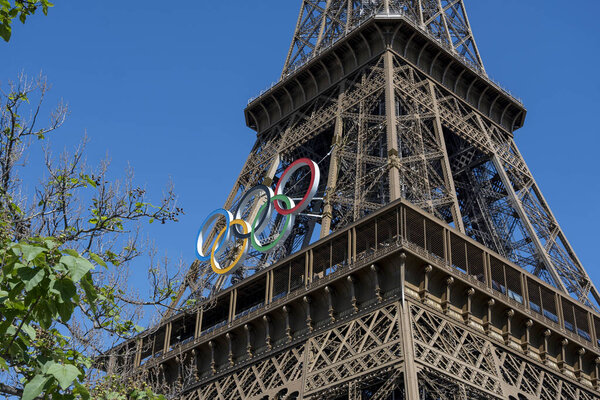 Paris, France, june 07 2024 - Eiffel Tower with Olympic rings to mark the games taking place in the city