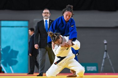 Santiago, Şili, 28 Ekim 2023, Larissa Pimenta (BRA) - Judo sırasında Angelica Delgado (ABD) - Kadınlar -52 kilo - 2023 Pan Amerikan Oyunları 'nda