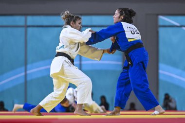 Santiago, Şili, 28 Ekim 2023, Larissa Pimenta (BRA) - Judo sırasında Angelica Delgado (ABD) - Kadınlar -52 kilo - 2023 Pan Amerikan Oyunları 'nda