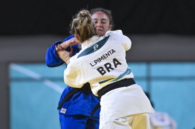 Santiago, Şili, 28 Ekim 2023, Larissa Pimenta (BRA) - Judo sırasında Angelica Delgado (ABD) - Kadınlar -52 kilo - 2023 Pan Amerikan Oyunları 'nda