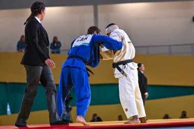 Santiago, Şili, 28 Ekim 2023, Juan Postigos (PER) - Julien Frascadore (CAN) - 2023 Pan Amerikan Oyunları 'nda erkekler -66 kilo