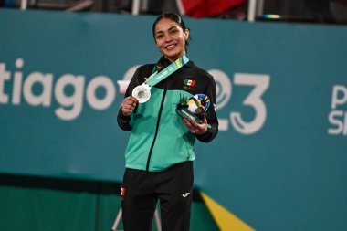 Santiago, Şili, 28 Ekim 2023, Larissa Pimenta (BRA), altın, Paulina Martinez (MEX), gümüş ve Angelica Delgado (ABD), Lilian Cordones (PAN), bronz, Judo sırasında - bayanlar -52 kilo, 2023 Pan Amerikan Oyunları