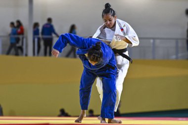 Santiago, Şili, 28 Ekim 2023, Kristine Jimenez (PAN) - Judo sırasında Astrid Gavidia (ECU) - Kadınlar - 57kg Pan Amerikan Oyunları 'nda
