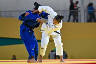Santiago, Şili, 28 Ekim 2023, Kristine Jimenez (PAN) - Judo sırasında Astrid Gavidia (ECU) - Kadınlar - 57kg Pan Amerikan Oyunları 'nda