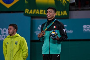 Santiago, Şili, 28 Ekim 2023, Michel Augusto (BRA), altın Johan Rojas (COL), gümüş ve Arath Juarez (MEX), Juan Pablo Ayala (ECU), bronz, judo sırasında - erkekler - 60 kilo Pan Amerikan Oyunları