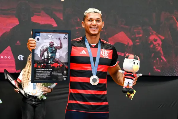 stock image Rio, Brazil - august 14 2024: press conference with the athletes who represented Clube do Flamengo at the Paris 2024 Olympics and were medalists, Isaquias Queiroz