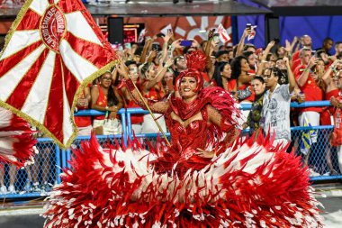 Rio, Brezilya - 3 Mart 2025: Sapucai Caddesi 'ndeki Rio de Janeiro şehrinde düzenlenen karnaval sırasında, özel grup Salgueiro samba okulunun geçit töreni