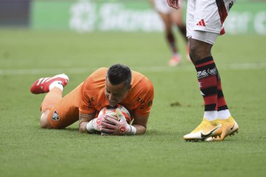 Rio, Brezilya - 16 Mart 2025: Maracana Stadyumu 'nda oynanan 2025 Carioca Şampiyonası final maçı için Flamengo x Fluminense arasındaki maç sırasında Fabio