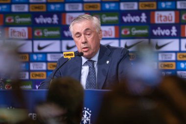 Rio de Janeiro, Brezilya - 26 Mayıs 2025: Brezilya erkek milli futbol takımını Pazartesi öğleden sonra Grant Hyatt Hotel 'de yeni koç Carlo Ancelotti duyurdu., 