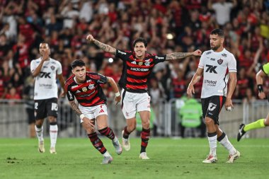 Rio, Brezilya - 24 Ağustos 2025: Luiz Araujo ve Pedro, Maracana Stadyumu 'ndaki Brezilya Şampiyonası' nın 21. raundunda Flamengo x Vitoria arasında oynanan maçta