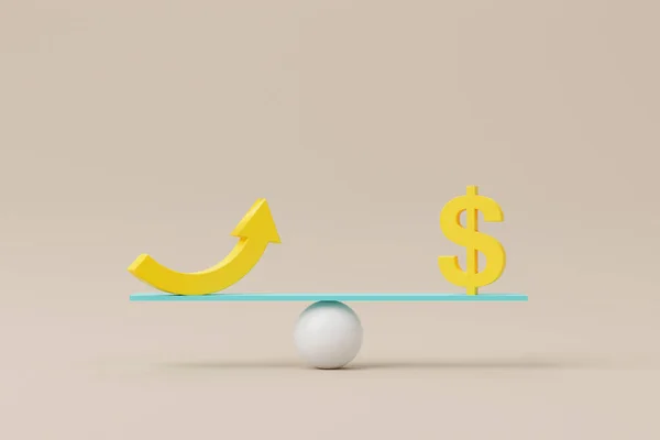 Dollar sign and icon arrow on scale seesaw. Balance scale on background. 3d illustration