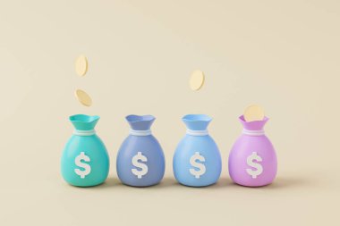 Para çantasında ikon dolar para ve altın para var. Para ve yatırım kavramından tasarruf et. 3d resimleme