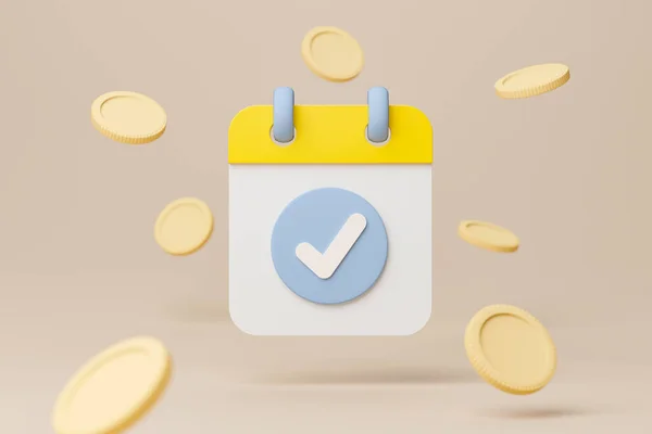 チェックマークと茶色の背景に金の円と最小限のシンプルなデザインをカレンダー 時間はお金の概念である お金と投資を節約する 3Dレンダリング図 — ストック写真