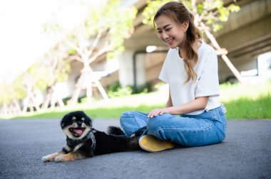 Parkta köpeğiyle oynayan ve yolda oturan mutlu Asyalı genç bir kadın. Hayvan sever kavramı