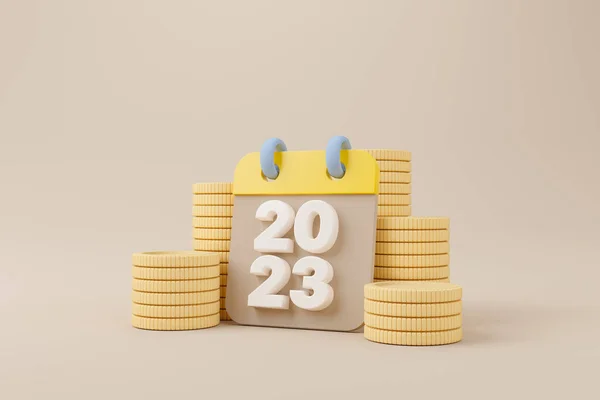 2023年とゴールドコインは茶色の背景にスタックと最小限のシンプルなデザインをカレンダー 時間はお金の概念である お金と投資を節約する 3Dレンダリング図 — ストック写真