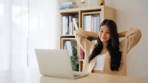 Young Asian Woman Working Home Female Using Computer Laptop Desk — Photo