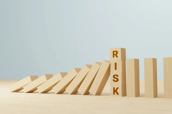 Risk Management Concept Wooden Block Stopping Domino Effect Business Render — Zdjęcie stockowe