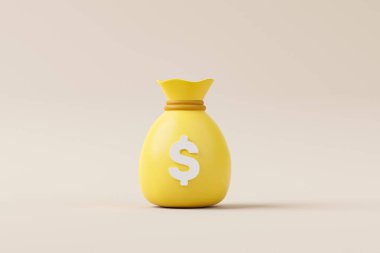 Arka planda ikon dolar parası olan para çantası. Para ve yatırım kavramından tasarruf et. 3d resimleme