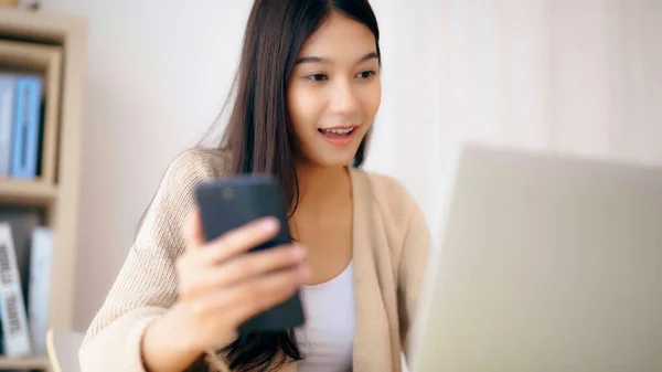 Young Asian Woman Happy Working Computer Laptop Hand Typing Chat — Photo
