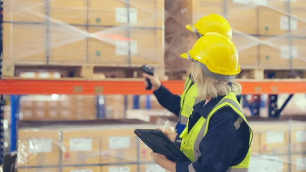Warehouse workers holding digital tablet checking inventory management packaging boxes. Two staff wearing vest and safety helmet and walking count the box goods on shelves at storehouse