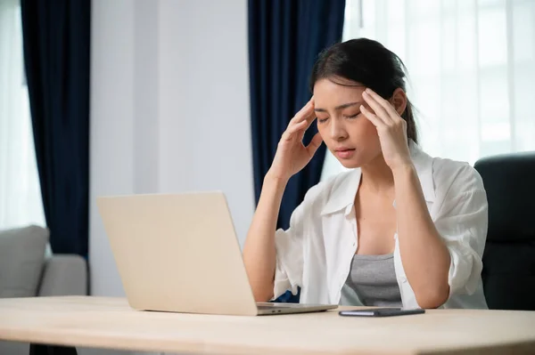 Office Syndrome Overworked Tired Young Asian Woman Feeling Headache Having Stock Picture