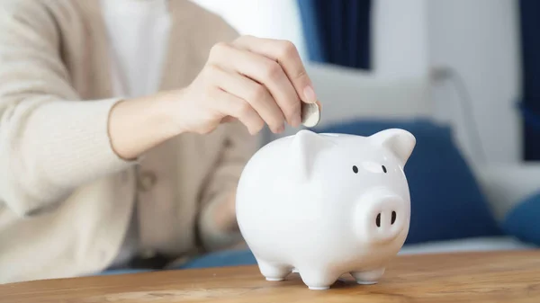 Asian Woman Putting Coin Piggy Bank Money Investment Concept Stock Picture