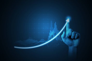 Elle büyüyen ok başarı iş hedefi yukarı yönde gelişim grafiği veya yatırım finansal kar borsası grafiği sembolü ve ekonomi pazarlamasında hedef başarı