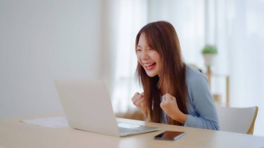 Asyalı bir kadının kazanmasını ya da bilgisayar laptopunda ecommerce alışveriş teklifi almasını kutlayan komik bir coşku. Heyecanlı mutlu kız kazanan başarıyı kutlayan deftere bakıyor.