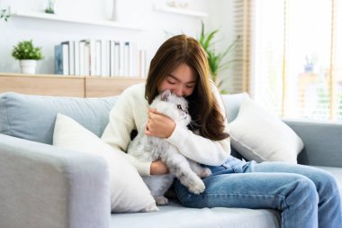 Genç Asyalı bir kadının şirin bir kediyi tutarken portresi. Kadın uzun saçlı kediciğine sarılıyor. Sevimli hayvan konsepti