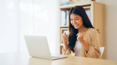 Asyalı bir kadının kazanmasını ya da bilgisayar laptopunda ecommerce alışveriş teklifi almasını kutlayan komik bir coşku. Heyecanlı mutlu kız kazanan başarıyı kutlayan deftere bakıyor.