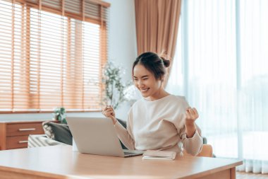 Asyalı bir kadının kazanmasını ya da bilgisayar laptopunda ecommerce alışveriş teklifi almasını kutlayan komik bir coşku. Heyecanlı mutlu kız kazanan başarıyı kutlayan deftere bakıyor.