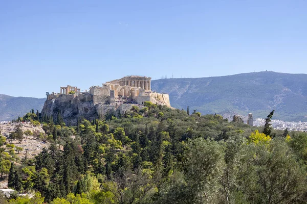 Atény Řecko Října 2022 Pohled Aténskou Akropoli Pozadí Modré Oblohy — Stock fotografie