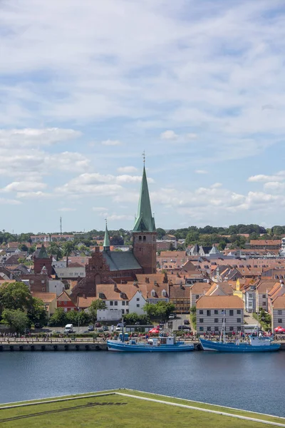 stock image Helsingor, Denmark - July 23, 2019: Aerial view from the Baltic Sea of city. Helsingor is danish city in the northeast of Zealand, located 40 km north of Copenhagen on the Oresund Strait