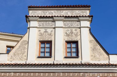 View of the decorative facade of tenement house in the Old Town, Lublin, Poland.  Lublin Old Town is one of the most significant Polish complexes of historic buildings