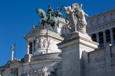 Rome, Italy - October 8, 2020: Victor Emmanuel II Monument (Monumento Nazionale a Vittorio Emanuele II) on Venetian Square, Quadriga of Unity at the top of Propylaea and sculptural group The Sacrifice 