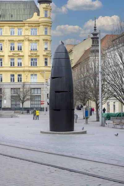 stock image Brno, Czech Republic - March 5, 2023: Brno astronomical clock, bullet shaped black stone, situated on Freedom Square in the city center