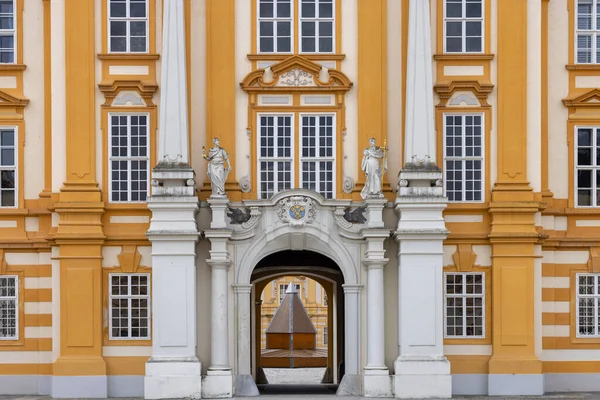 stock image Melk, Austria - February 24, 2023: Melk Abbey on hill above town, decorative portal. It was was founded in 11th century, today's baroque abbey was built in 18th century