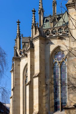 Linz, Avusturya - 4 Mart 2023: Neo-gotik Yeni Katedral cephesi, ülkenin en büyük kilisesi