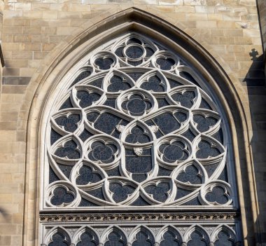 Linz, Avusturya - 4 Mart 2023: Neo-gotik Yeni Katedral cephesi, ülkenin en büyük kilisesi