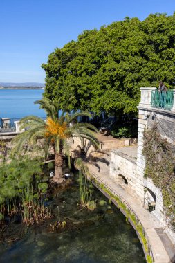 Syracuse, Sicilya, İtalya - 29 Nisan 2023: Ortygia adasında Arethusa Çeşmesi, Yunan mitolojisine göre nemli Arethusa 'nın saklandığı yerde doğal bir tatlı su kaynağı.