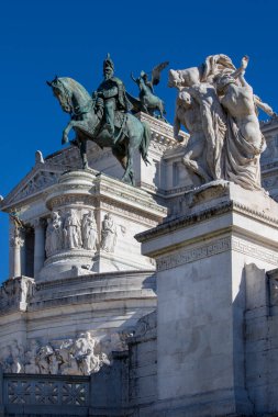 Rome, Italy - October 8, 2020: Victor Emmanuel II Monument (Monumento Nazionale a Vittorio Emanuele II) on Venetian Square, Quadriga of Unity at the top of Propylaea and sculptural group The Sacrifice 