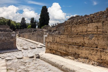 Pompeii, Napoli, İtalya - 26 Haziran 2021: M.S. 79 'da Napoli yakınlarında Vesuvius volkanının patlaması sonucu yıkılan antik bir şehrin kalıntıları. Şehir sokaklarından birinin manzarası