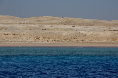 Kızıl Deniz 'in manzarası, turkuaz su rengi ve kumlu plaj, doğanın güzelliği.