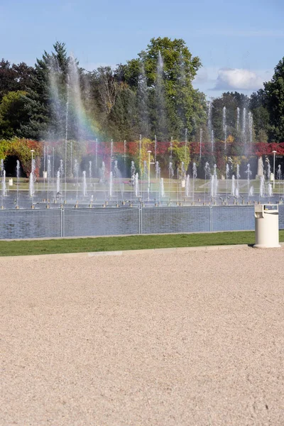 秋天阳光明媚的日子里 在Szczytnicki公园里的多媒体喷泉和Pergola 波兰弗罗茨拉夫的Szczytnicki公园 五彩缤纷的处女座爬虫叶子 一滴水的彩虹 — 图库照片