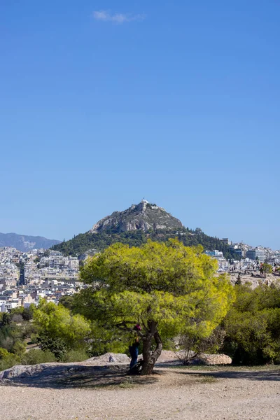 View Mouseion Hill City Mount Lycabettus Background Blue Sky Athens — Stock Photo, Image