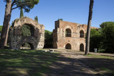Palatine Hill, antik Roma İmparatorluğu 'nun önemli binalarının kalıntılarının manzarası. Palatine Hill, Roma, İtalya 'nın en eski bölgelerinden biridir.